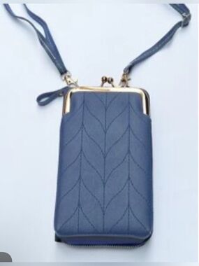 Quilted Blue Crossbody Phone Wallet with Gold Frame